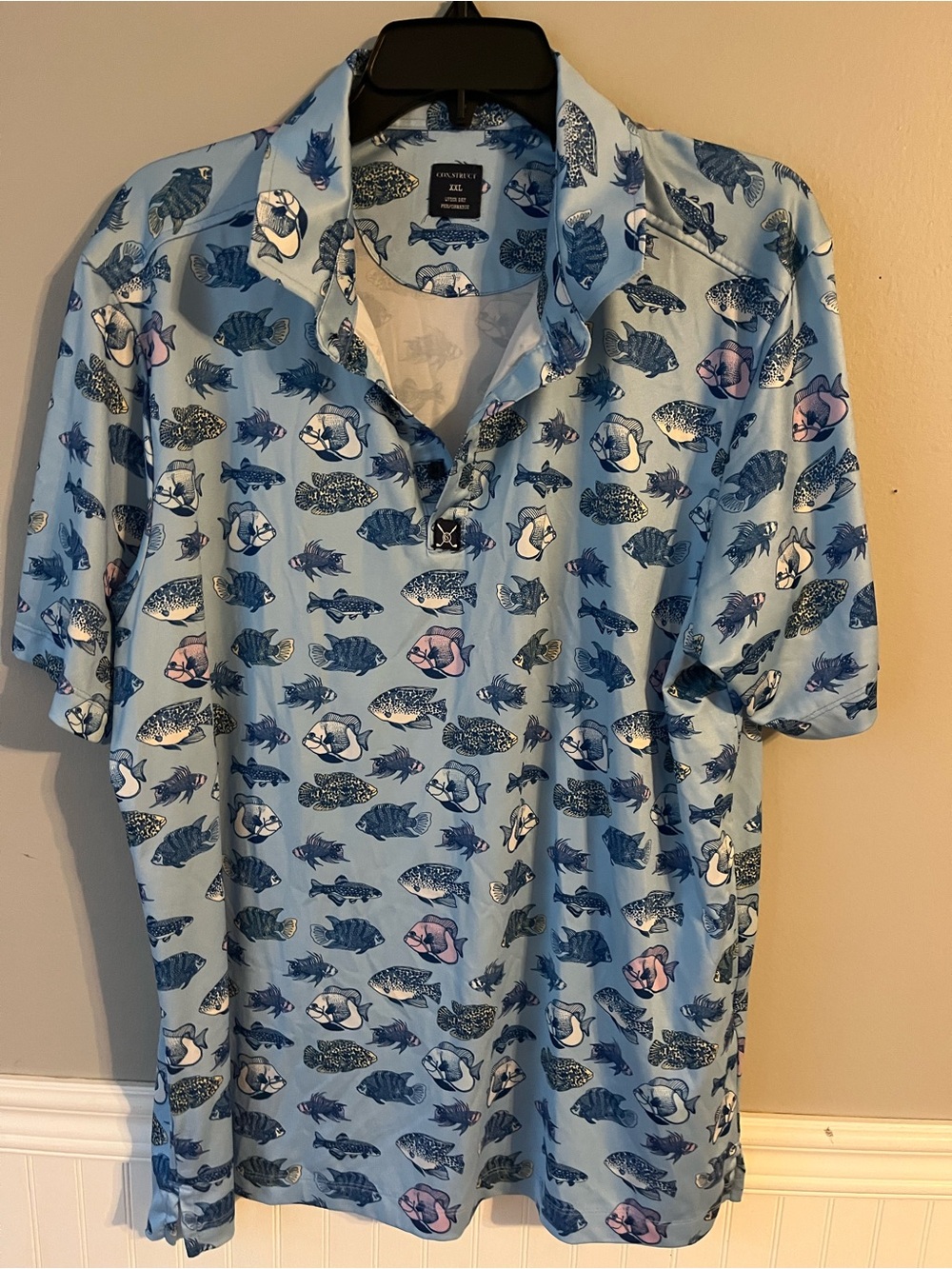 Men's Light Blue Fish-Print Polo Shirt
